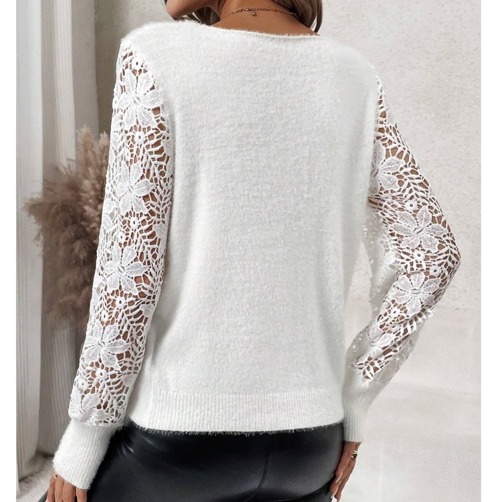 Romantic Floral Lace Sheer Long sleeve Fuzzy Sweater - Picture 3 of 5